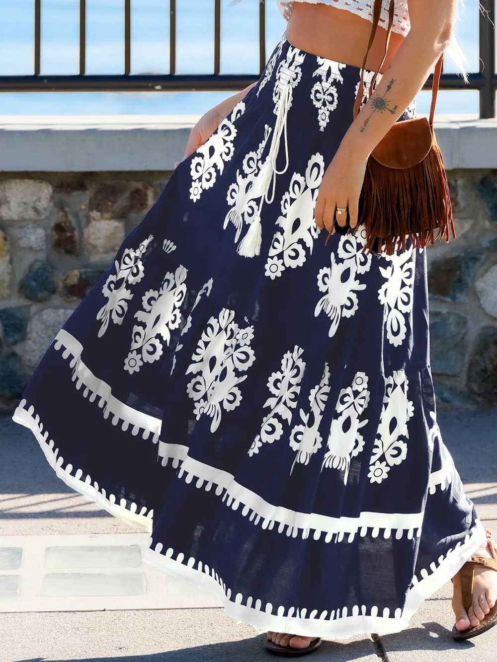 Cupshe Boho Navy and White Maxi Skirt with Tassel Tie - Picture 4 of 6
